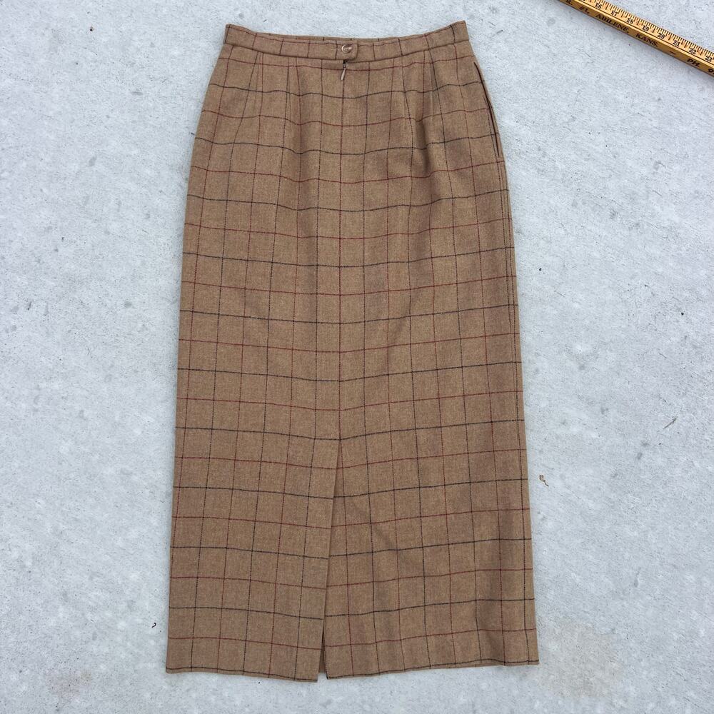 Vintage 90s Pendleton Wool Plaid Midi Pencil Skirt Tan Black Check Size 8